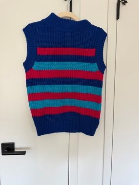 Vici Blue Striped Knit Sleeveless Sweater Vest with Red and Teal Stripes